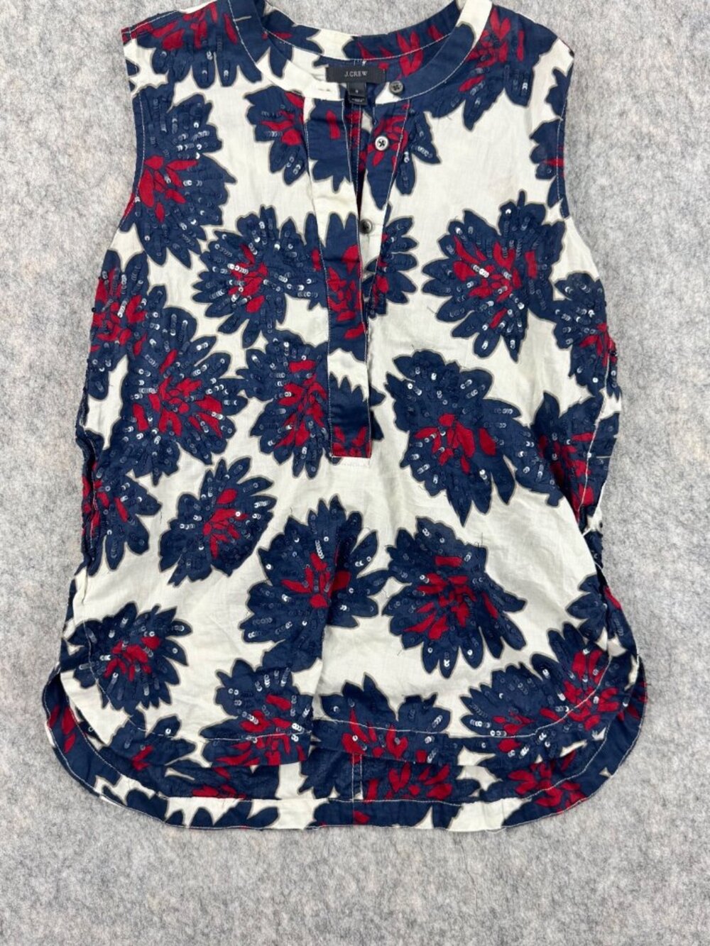 J Crew Floral Sequin Top Sz 8 Sleeveless Firework Henley Neckline